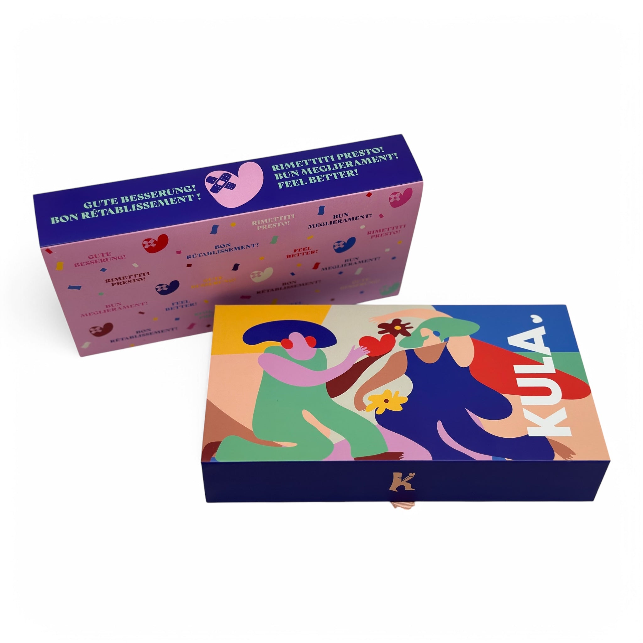 Signature KULA gift box accompanied by a cheerful 'Feel Better' sleeve, featuring multilingual get-well messages and heartwarming designs, perfect for brightening someone's day.
