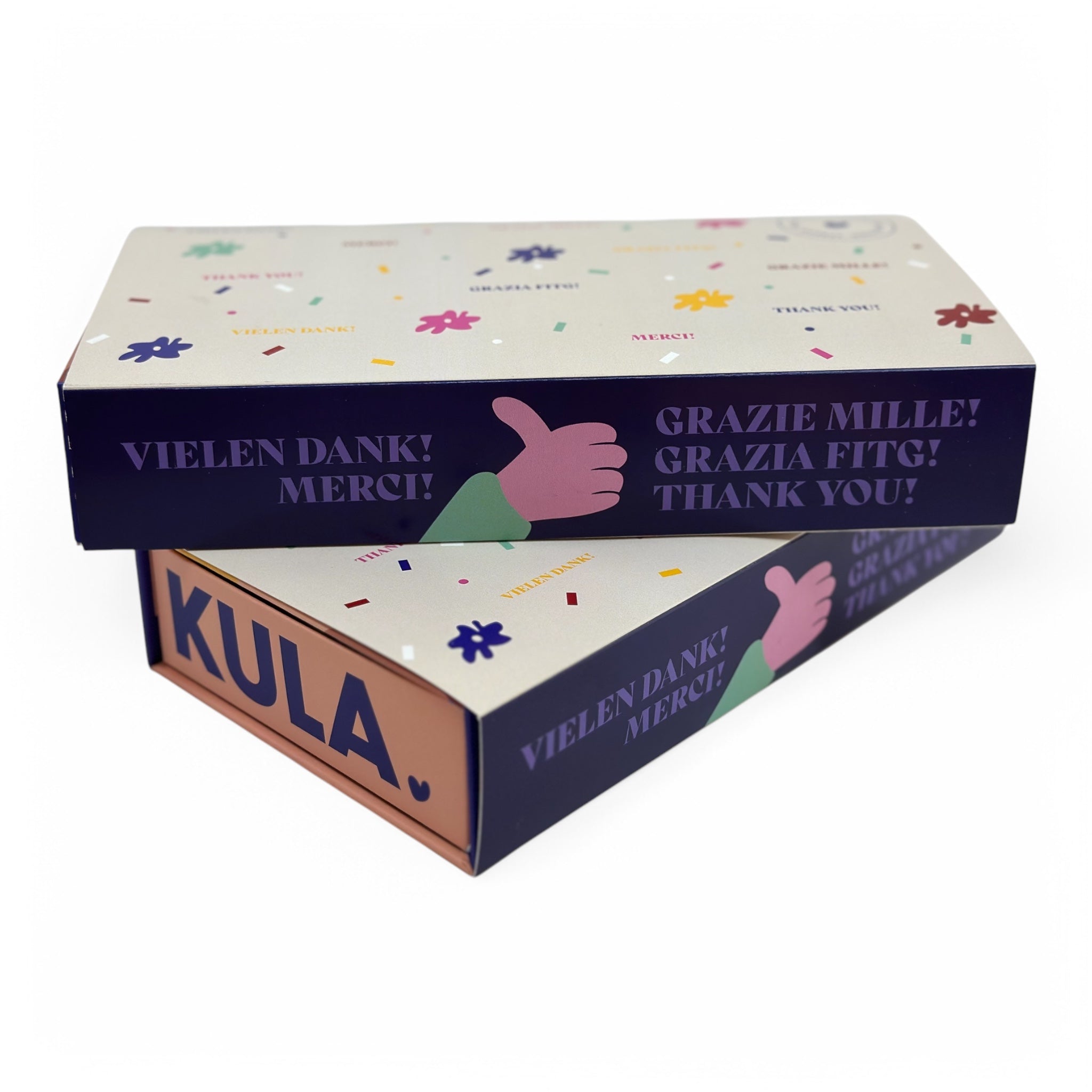 Special KULA gift box featuring multilingual 'Thank You' messages and vibrant confetti designs, perfect for showing gratitude in style