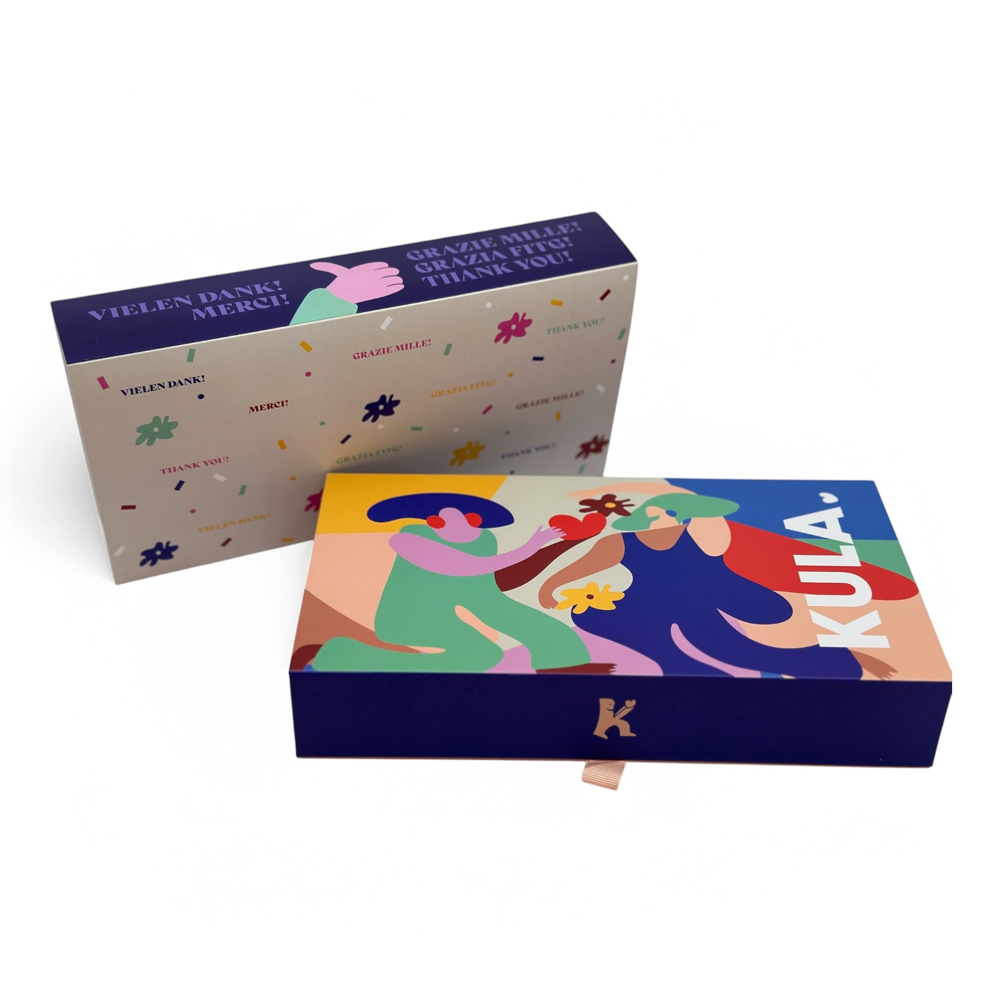 Elegant KULA gift box paired with a vibrant 'Thank You' sleeve featuring colorful confetti and multilingual gratitude messages, ideal for heartfelt gifting.