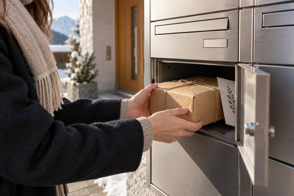 Eine Person holt ein kleines Paket aus dem Ablagefach eines Schweizer Briefkastens.