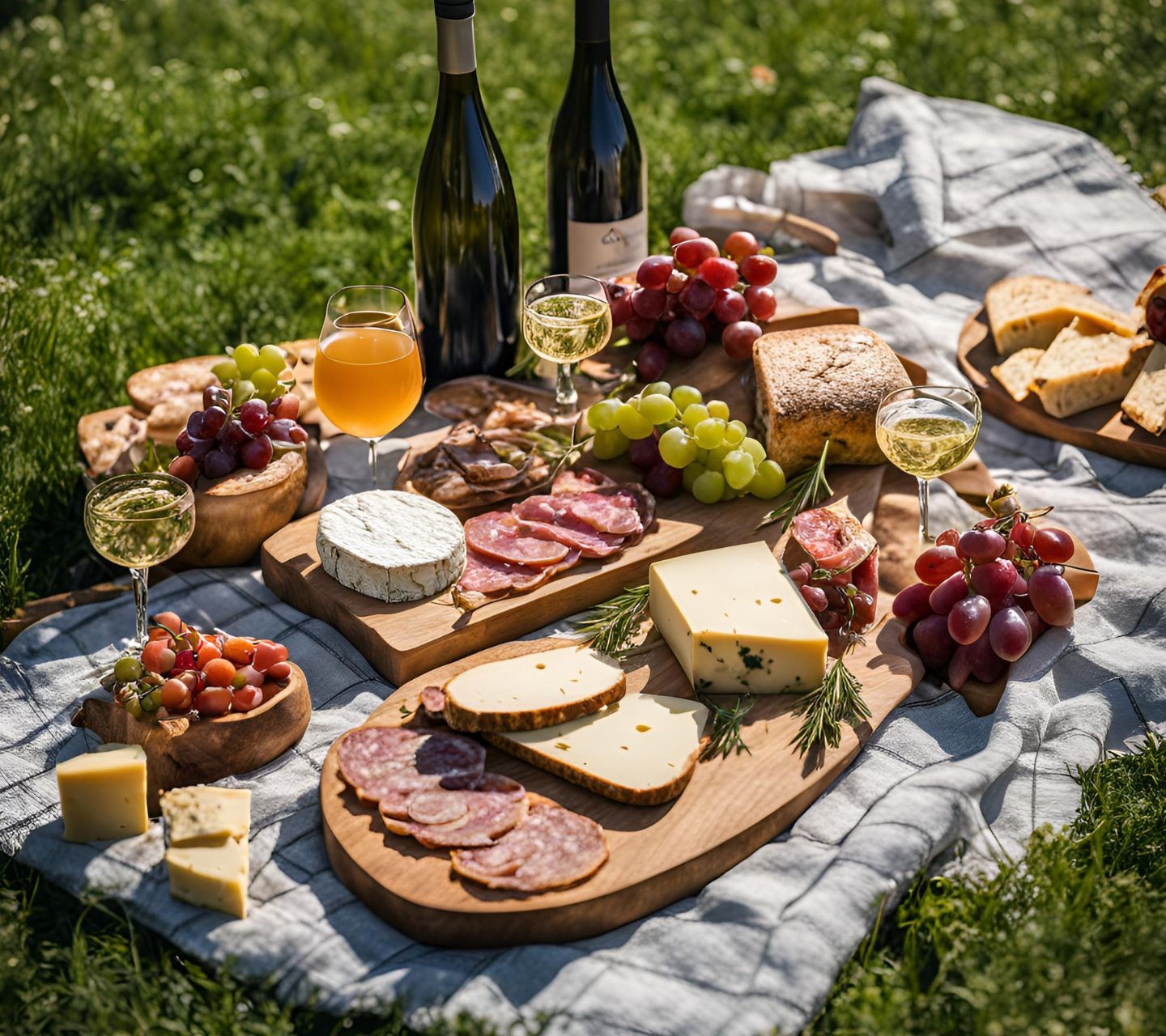 Beautifully arranged apero spread featuring locally sourced Swiss cheeses, meats, bread, and fresh grapes, perfect for gatherings and special occasions."
