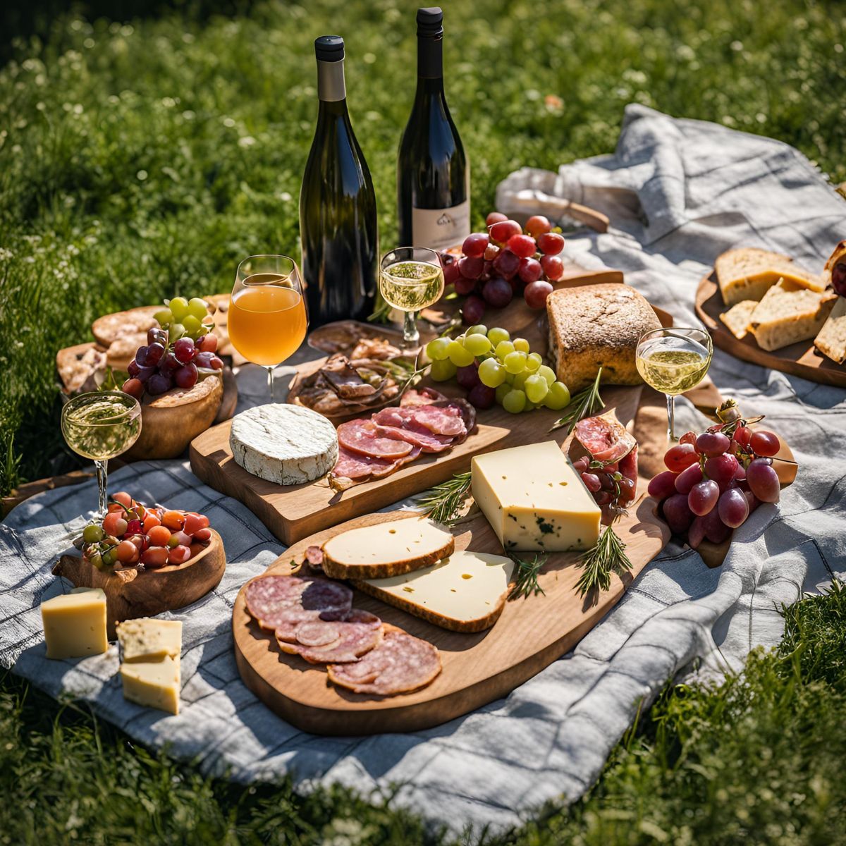 Beautifully arranged apero spread featuring locally sourced Swiss cheeses, meats, bread, and fresh grapes, perfect for gatherings and special occasions.
