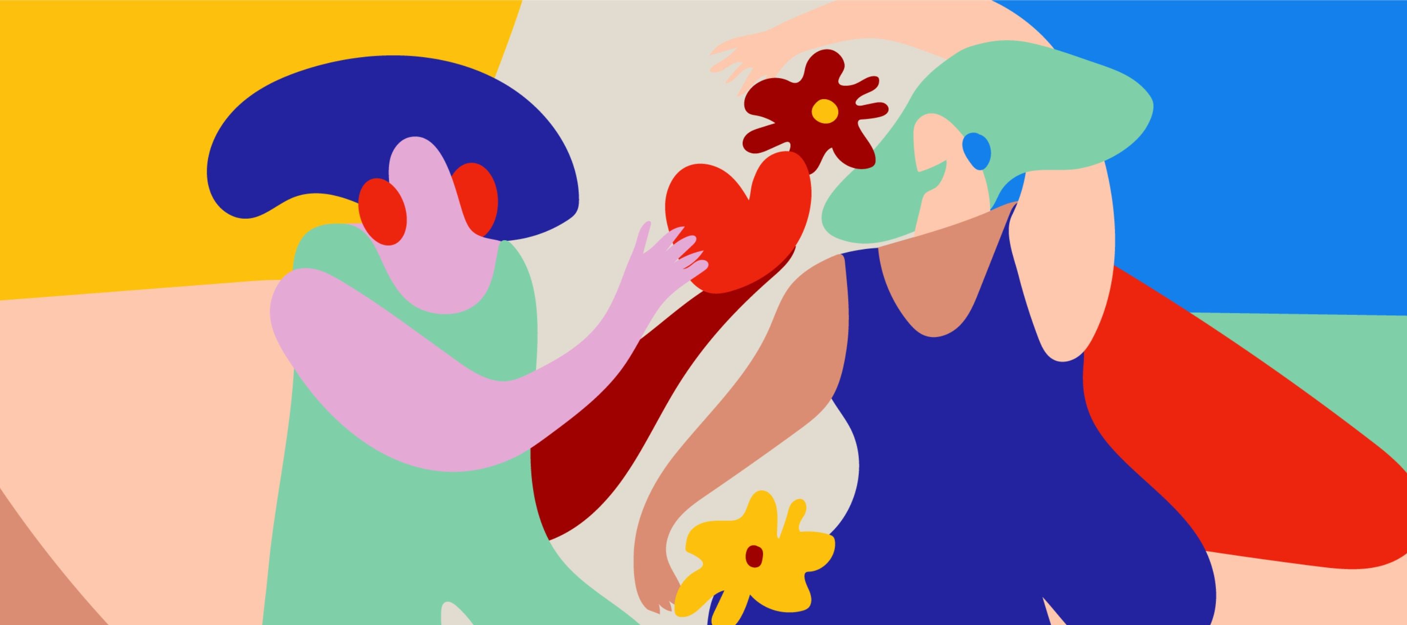 Colourful abstract illustration of two figures exchanging a heart and flowers, reflecting KULA’s vibrant and joyful branding