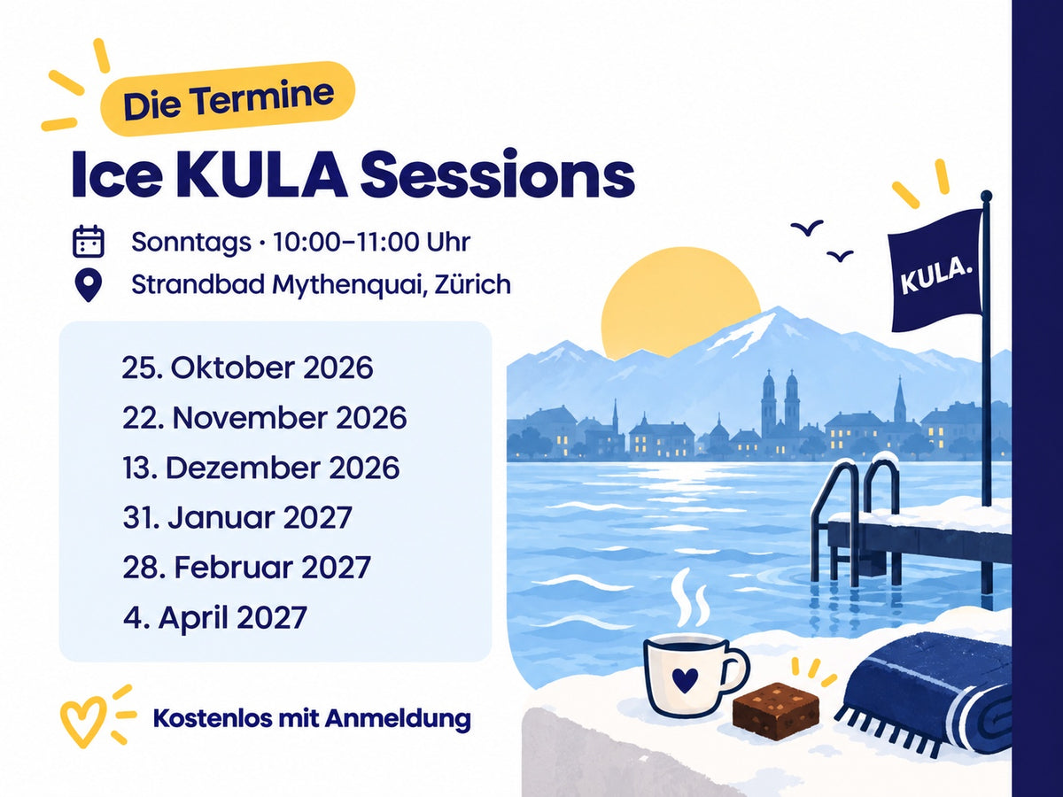 Image showing Ice KULA Sessions dates and Zurich lake  with snow, a hot drink and brownie