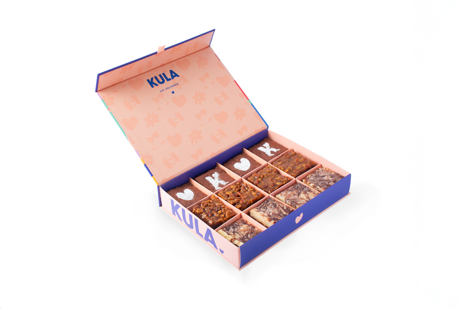 Picture showing vibrant KULA magnetic gift box with 12 made-to-order brownies