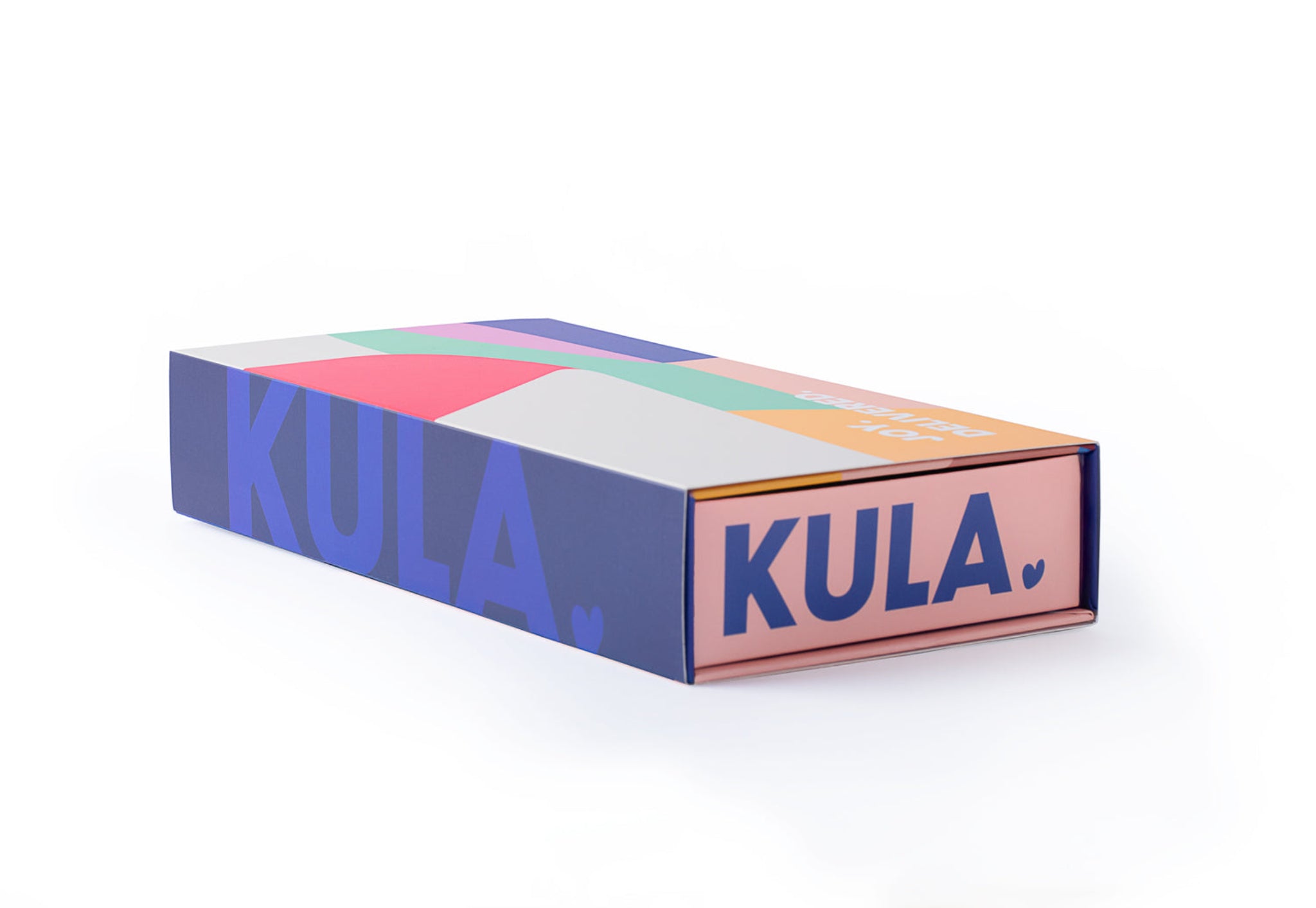A sleek KULA gift box featuring a vibrant, colourful sleeve with bold KULA branding and a playful heart icon. Perfect for delivering joy and delicious treats.