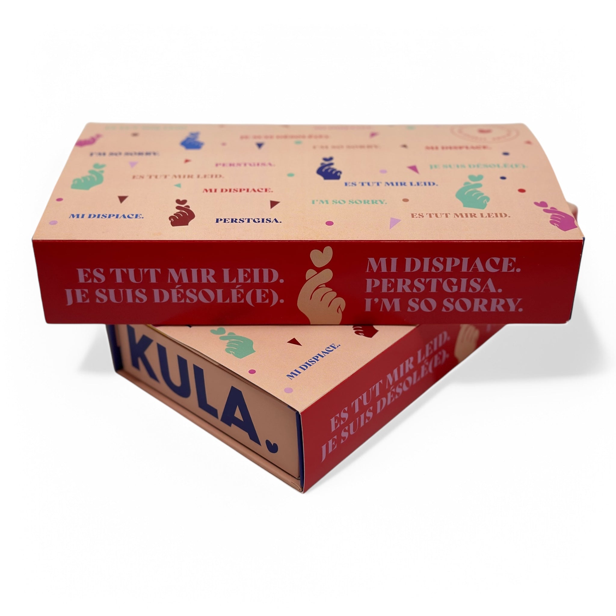 KULA apology brownie gift box featuring 'I'm Sorry' messages in multiple languages, including German, French, Italian, and English, with a heartfelt design