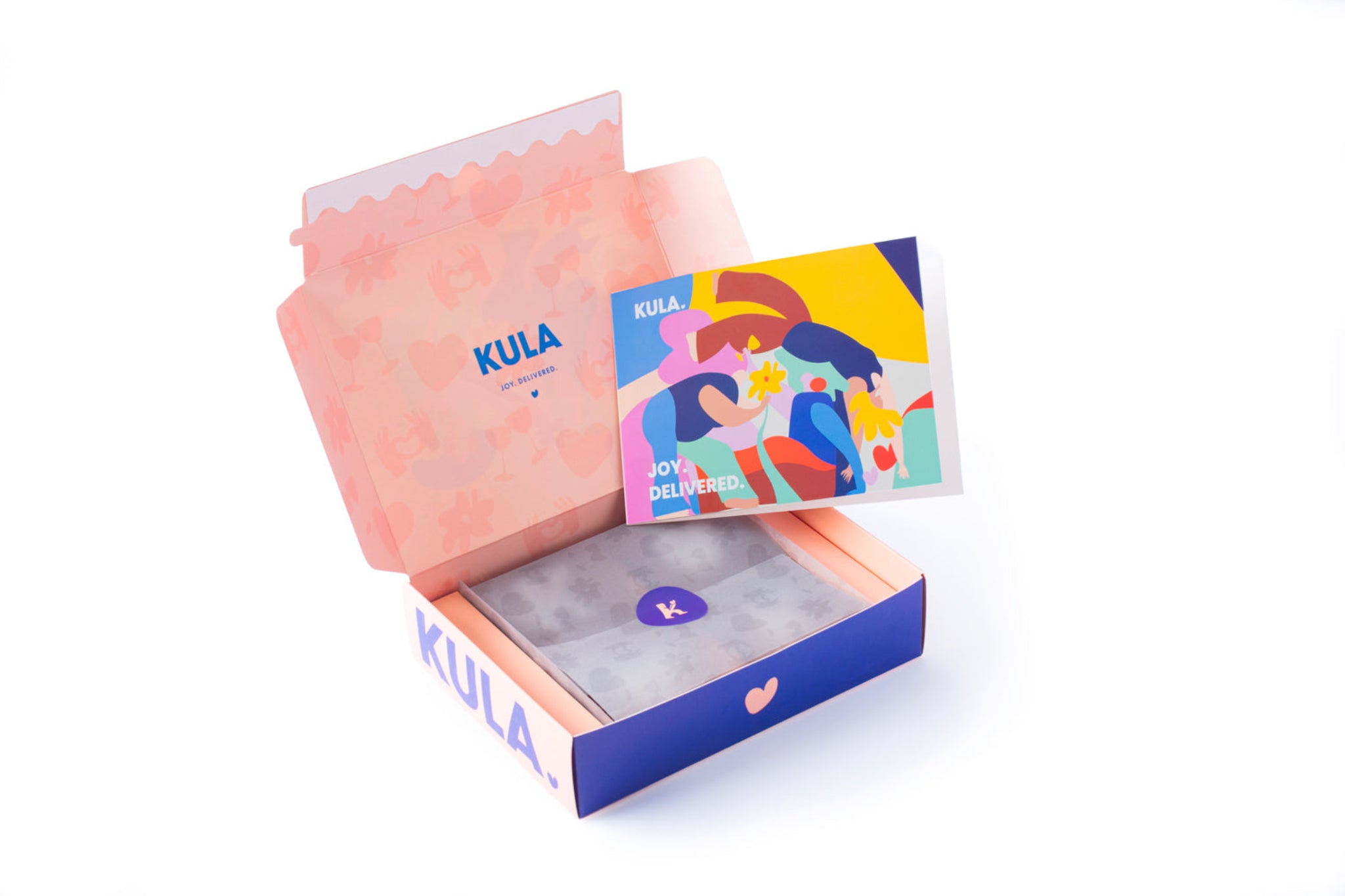 Open KULA gift box featuring a handwritten-style note with vibrant artwork, showcasing the thoughtful packaging and joyful gifting experience.