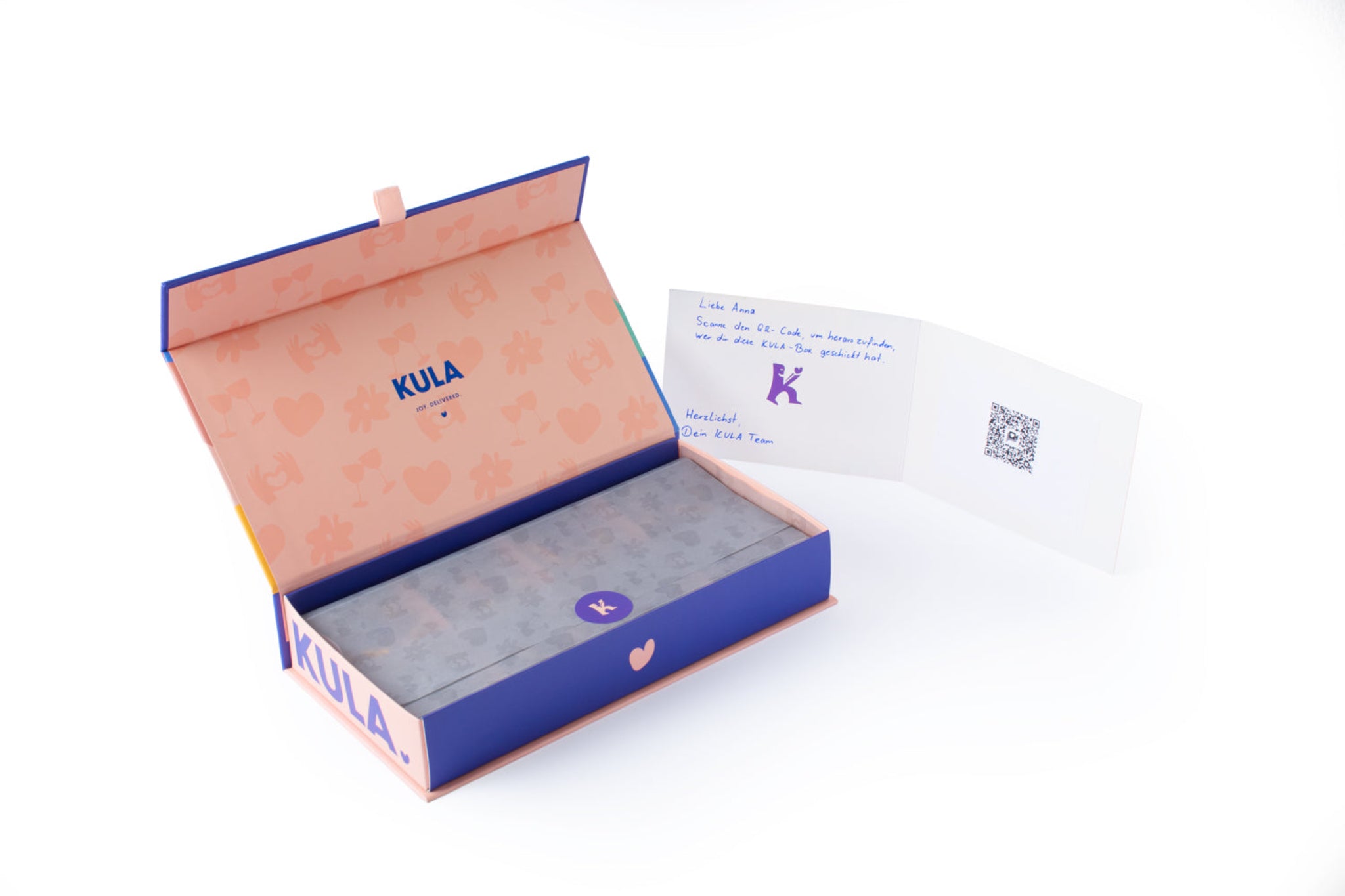 Elegant KULA gift box displayed with a personalised handwritten card and QR code, showcasing thoughtful details and premium presentation for a memorable gifting experience.