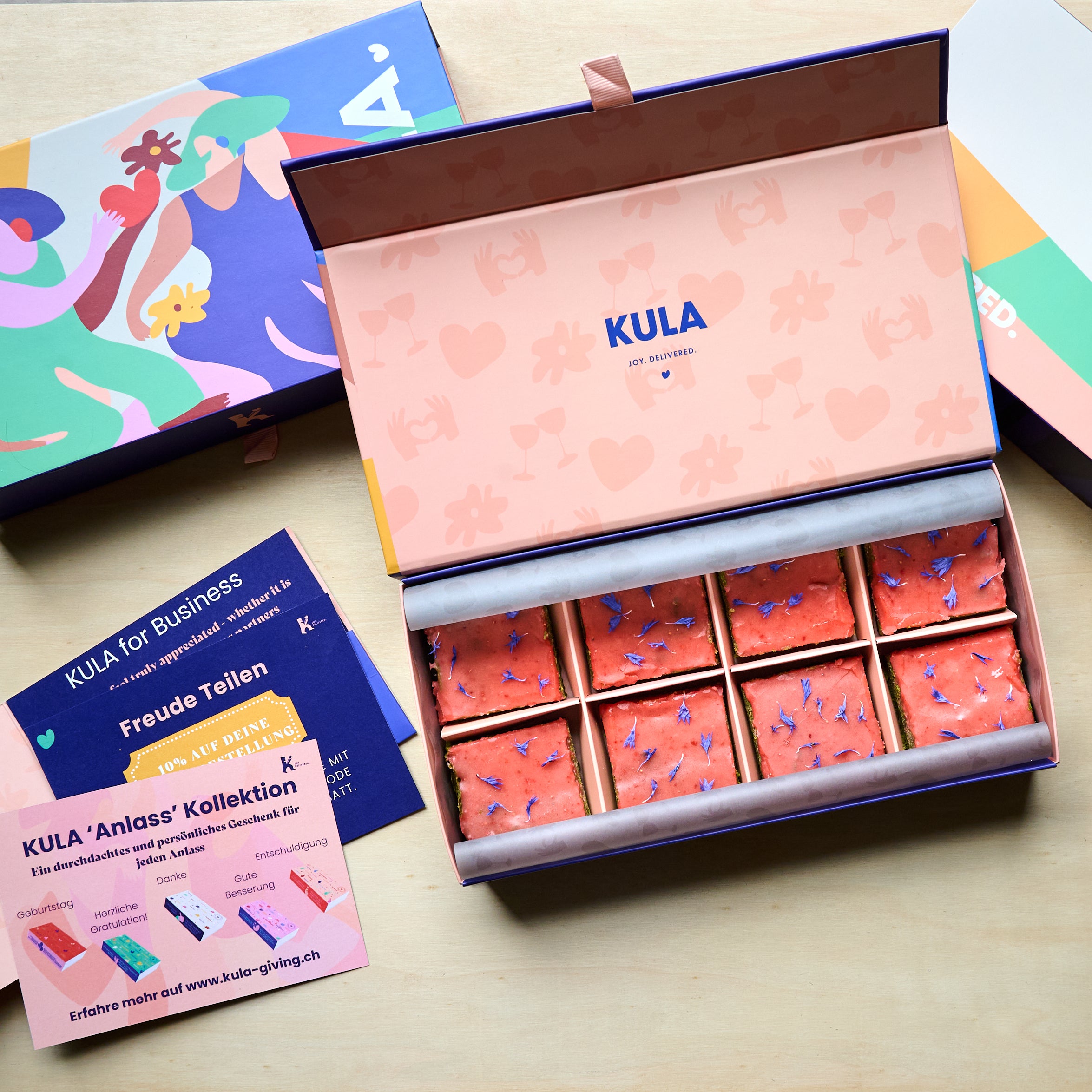 Beautiful KULA magnetic gift box with 8 strawberry topped matcha brownies