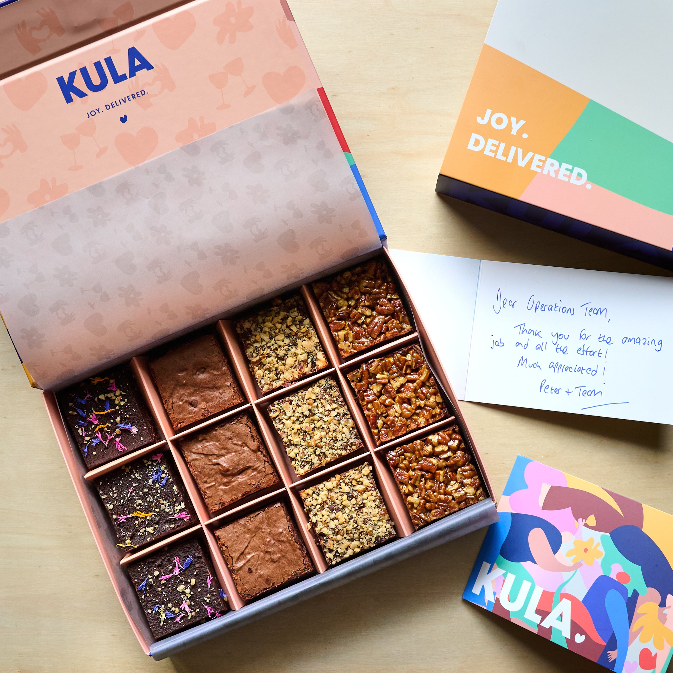 Vibrant KULA magnetic brownie gift box with 4 different flavours and handwritten card