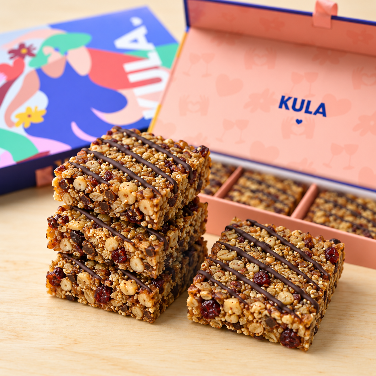Gestapelte vegane Granola Bars mit Hafer, Nüssen und feinen Linien dunkler Schokolade